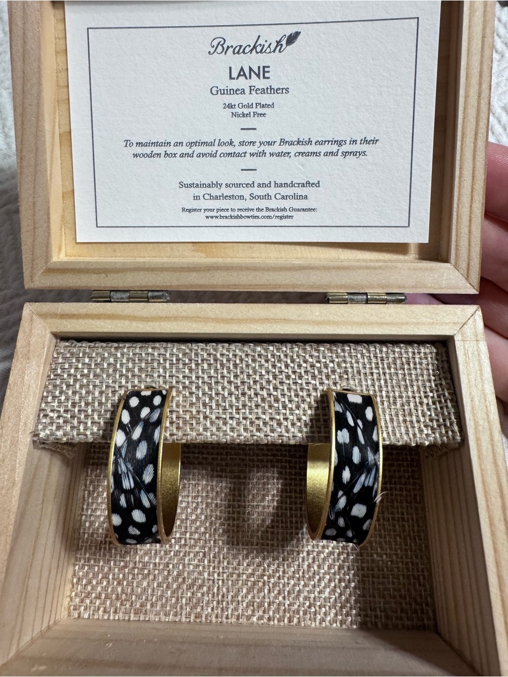 Brackish Lane Black & White Guinea Feather Hoop Earrings - Gold Plated - Picture 2 of 6